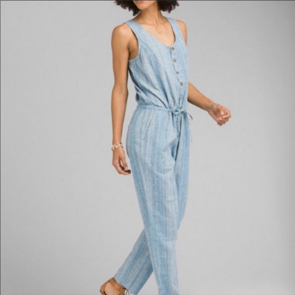 Prana Wayferers Striped Jumpsuit Romper Hemp Organic Cotton Blend Blue S… - Picture 2 of 11